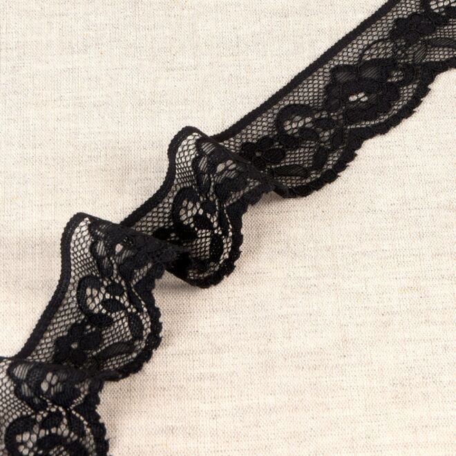 33mm Elastische Spitzenborte Blumen schwarz