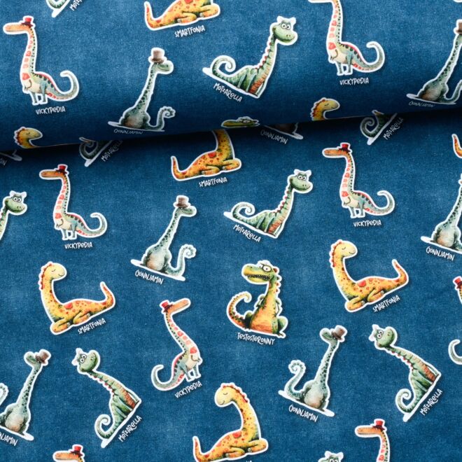 Stoffschwester French Terry "Dino Stickers" jeansblau