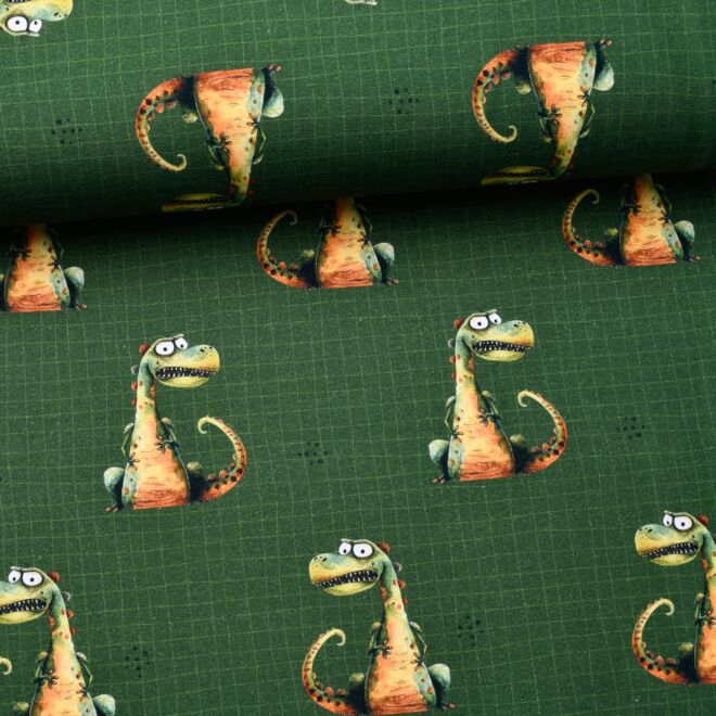 Stoffschwester French Terry "Grumpy Dino" grün