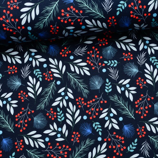 Stoffschwester French Terry "Winter Botanicals" navy/rot