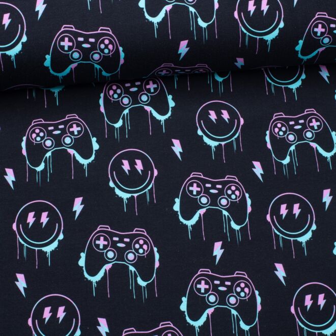 Stoffschwester Jersey "Neon Gamer" schwarz