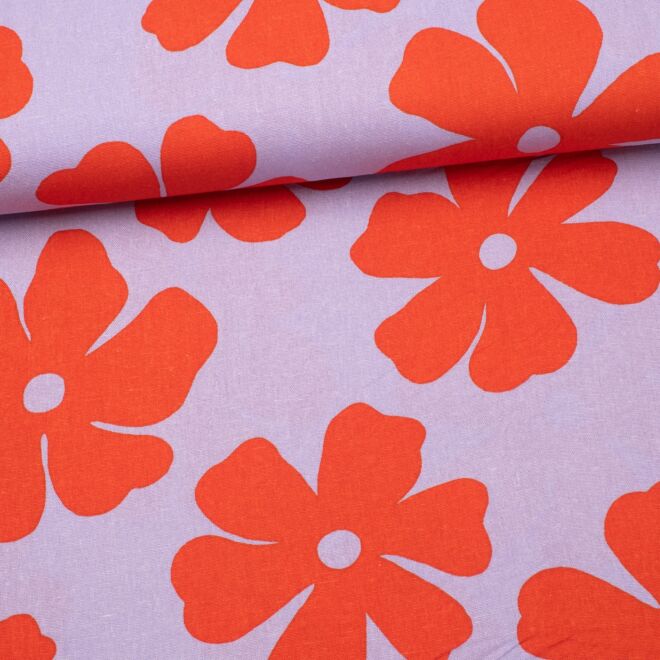 Viskose-Leinen "Big Flower" flieder/koralle