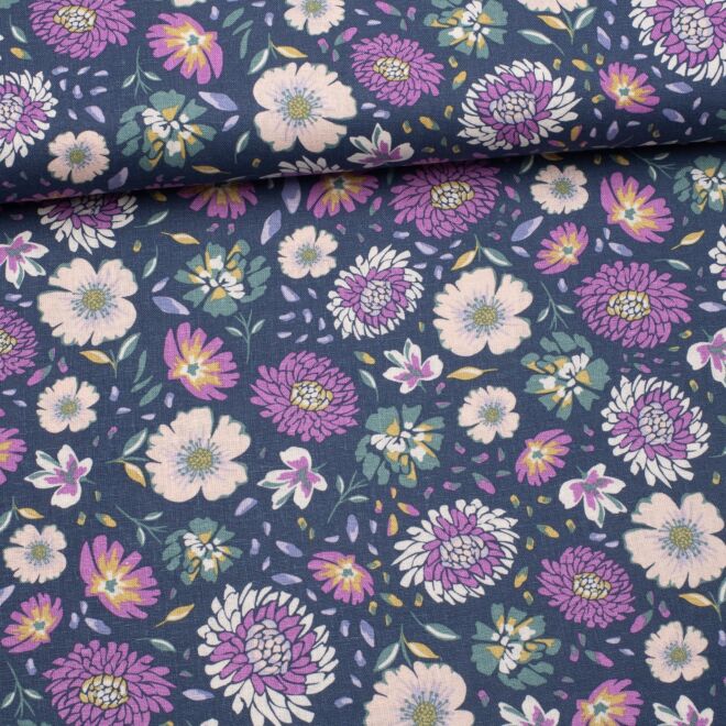 Viskose-Leinen Washed Flowers marine