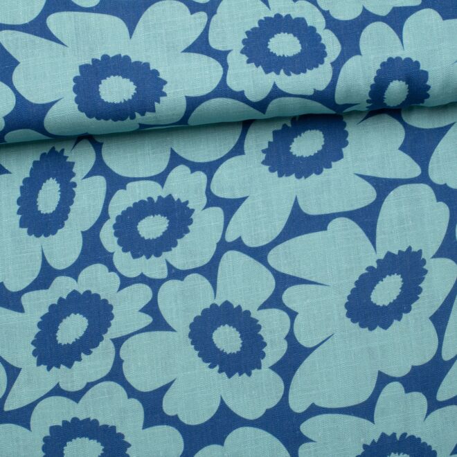 Viskose-Leinen Flower-Love blau