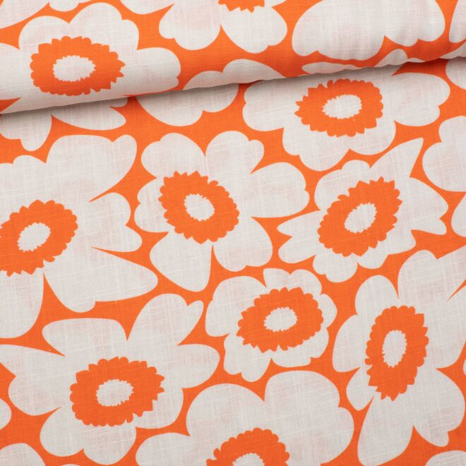 Viskose-Leinen Flower-Love orange/weiß