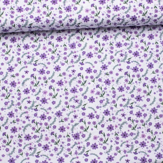 Baumwollwebware Lila Blümchen weiß