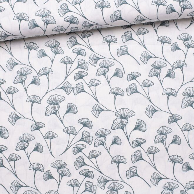 Baumwollwebware "Ginkgo Lineart" blau/weiß