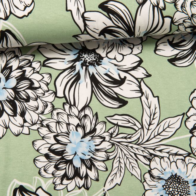 *SALE* Viskosejersey Big Flowers lindgrün