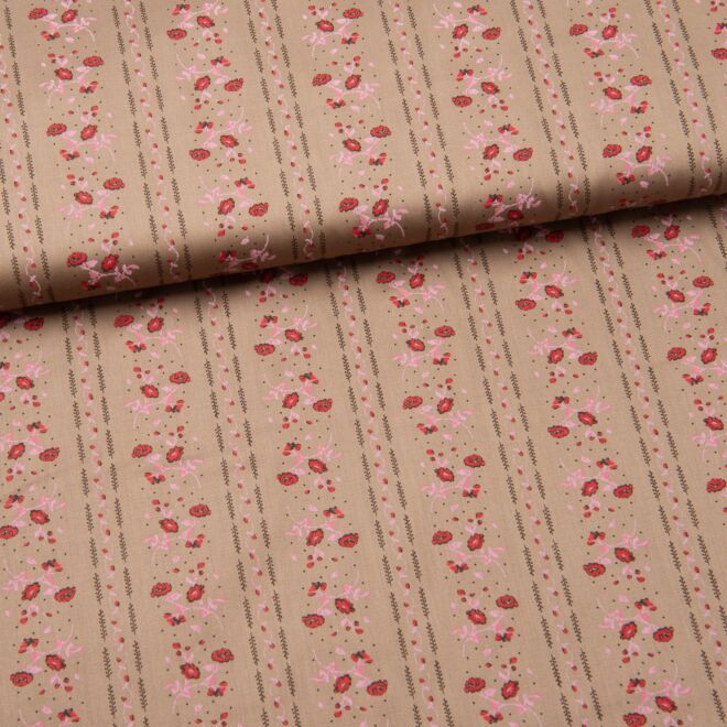 Trachtenstoff "Romantico" Blumenstreifen auf taupe