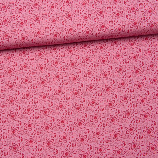 Trachtenstoff "Herzstück" Blumenprint kirschrot/rosa