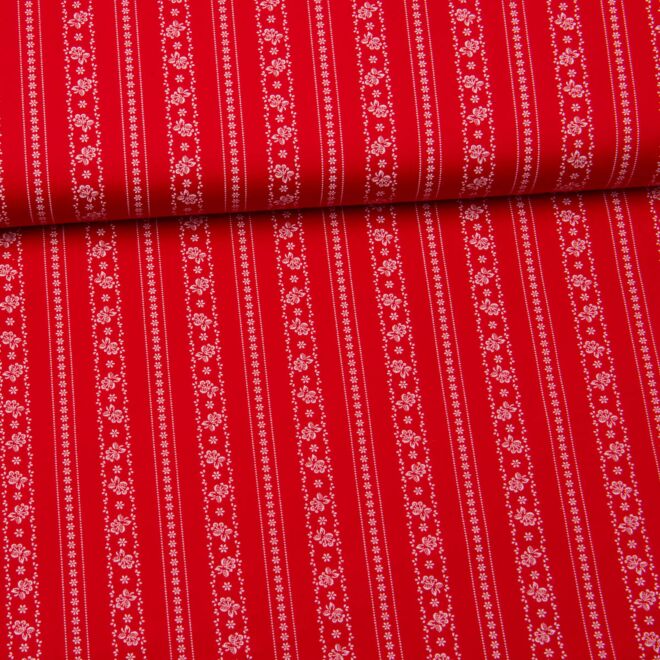 Trachtenstoff "Herzstück" Blumenstreifen weiß/rot