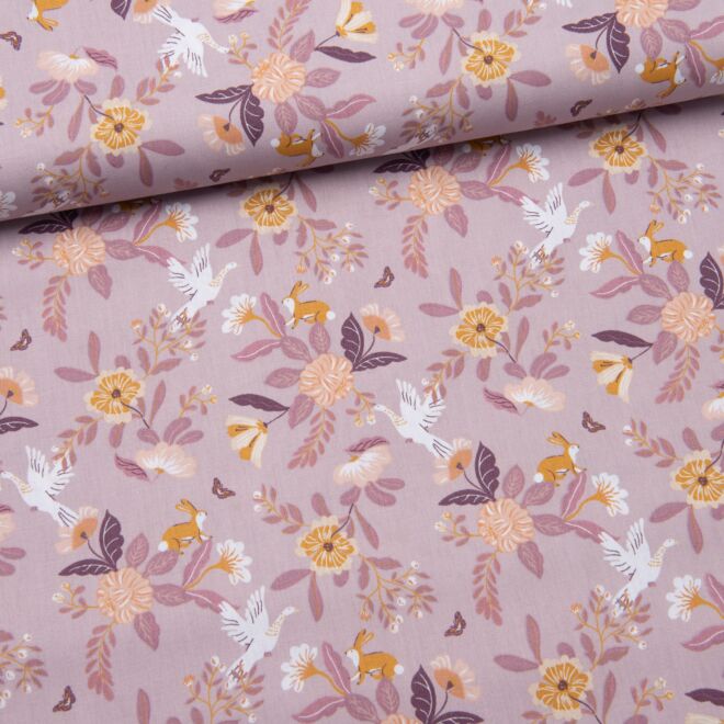 Webware Blumen mit Tieren flieder