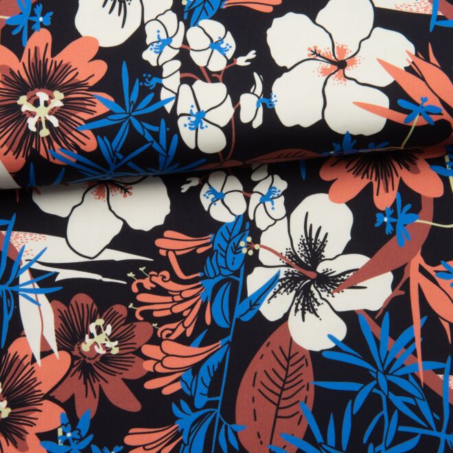 Baumwoll-Stretch-Satin "Bloom" schwarz/blau/rost