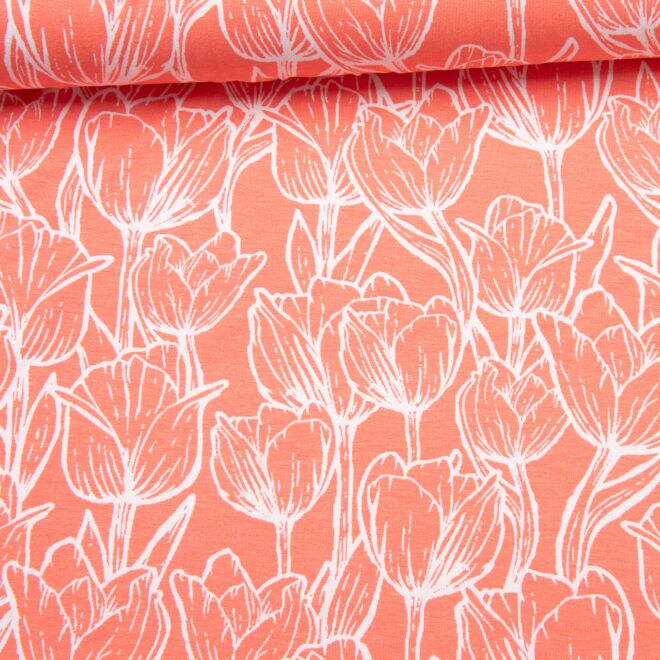 Viskosejersey "Tulips" koralle
