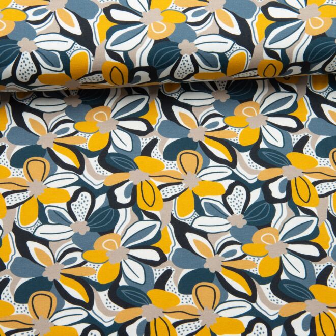 Blumenmalerei Jersey blau/senf