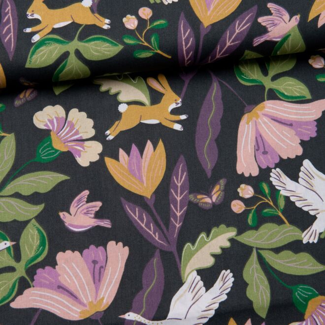 Baumwoll-Webware Norfolk Tiere aubergine