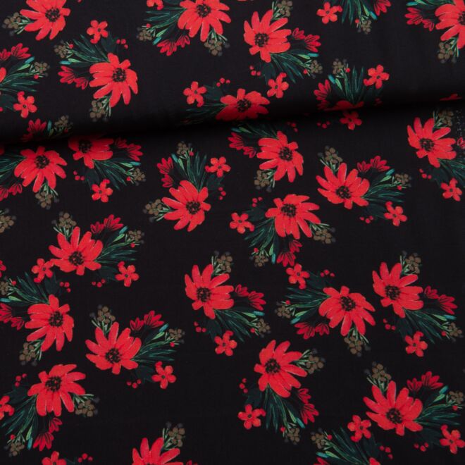 Viskose Red Flowers schwarz