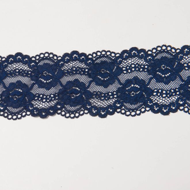 70mm Spitze elastisch Barockblumen navy