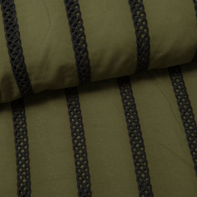 Lochstick-Streifen schmal Baumwolle olive