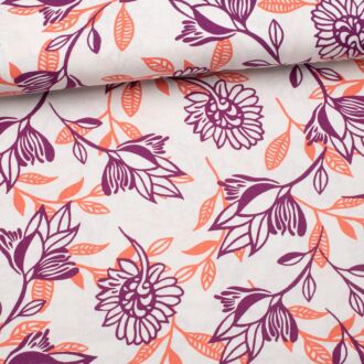 Viskose-Leinen Two-Tone Flowers ecru/bordeaux/koralle