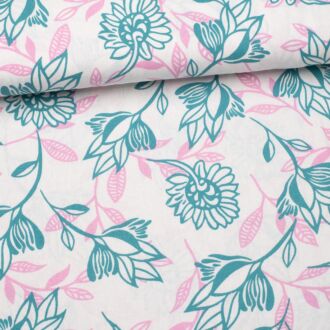 Viskose-Leinen Two-Tone Flowers ecru/petrol/rosa