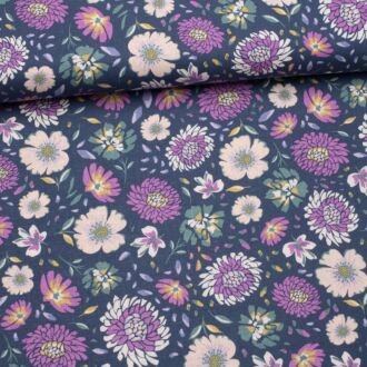 Viskose-Leinen Washed Flowers marine