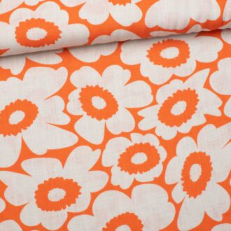 Viskose-Leinen Flower-Love orange/weiß